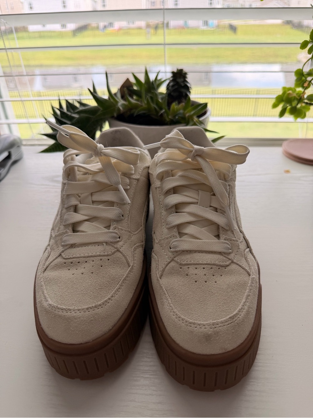 Puma Cream Suede Platform Sneakers with Brown Sole - Picture 2 of 4